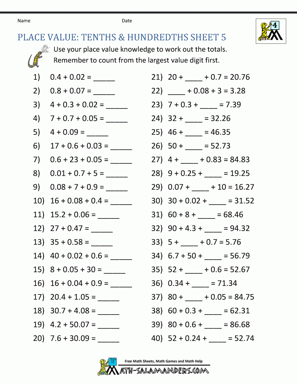 Decimal Place Value Worksheets 4th Grade