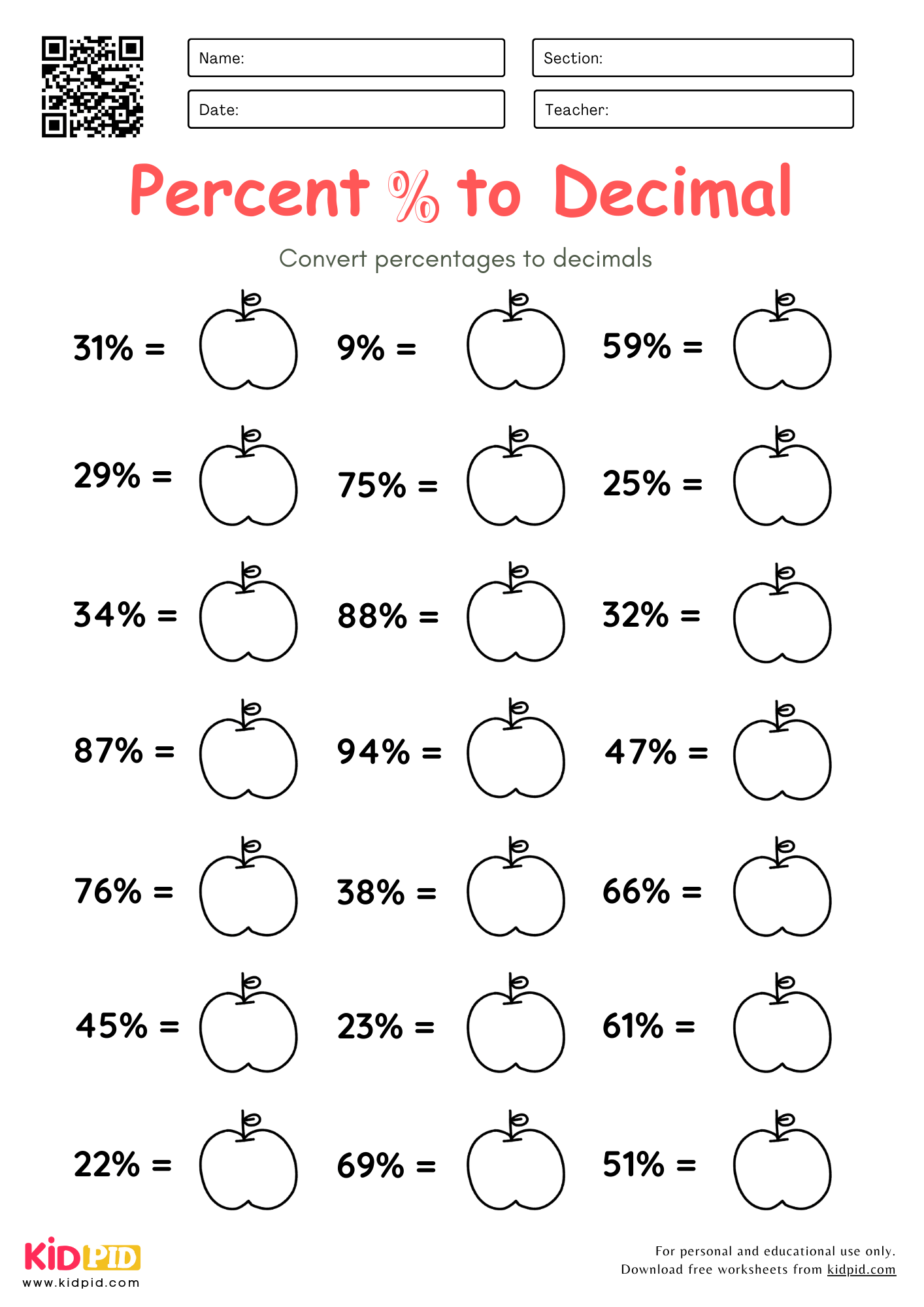 Decimals To from Percent Worksheets For Grade 6 Kidpid