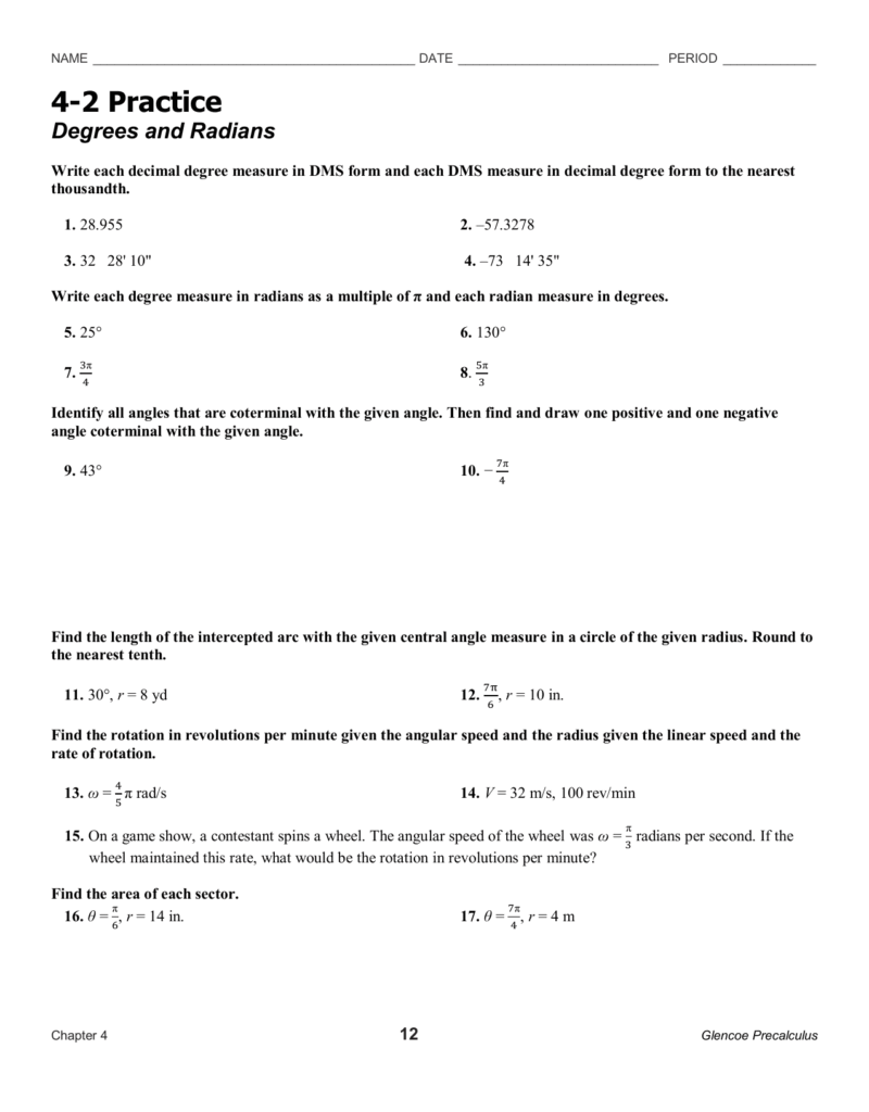 Degrees And Radians Practice Worksheet