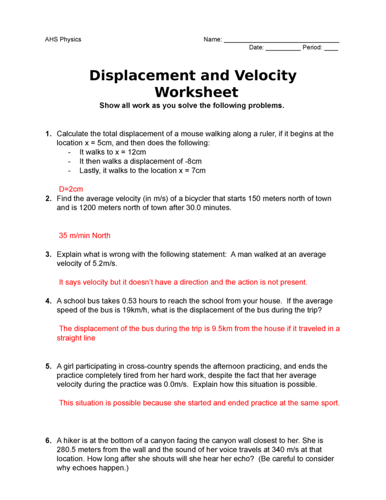 Displacement And Velocity Worksheet AHS Physics Name Date Worksheets Library