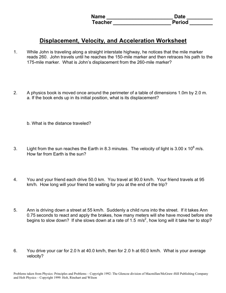 Displacement Velocity Acceleration Worksheet