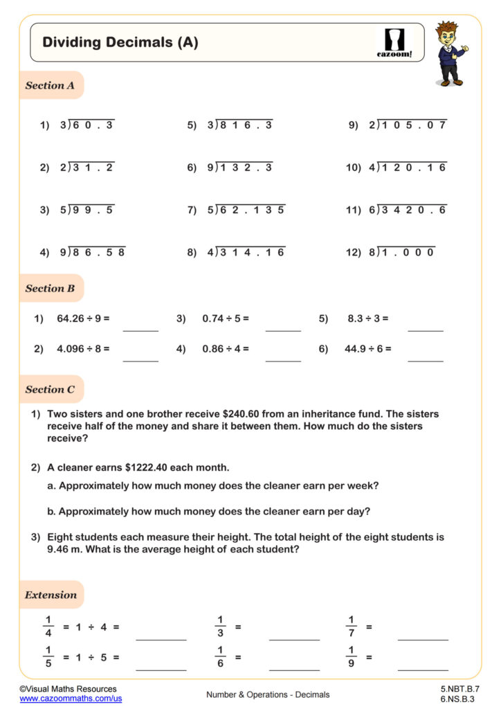 Dividing Decimals A Worksheet 5th Grade PDF Worksheets Cazoom Math