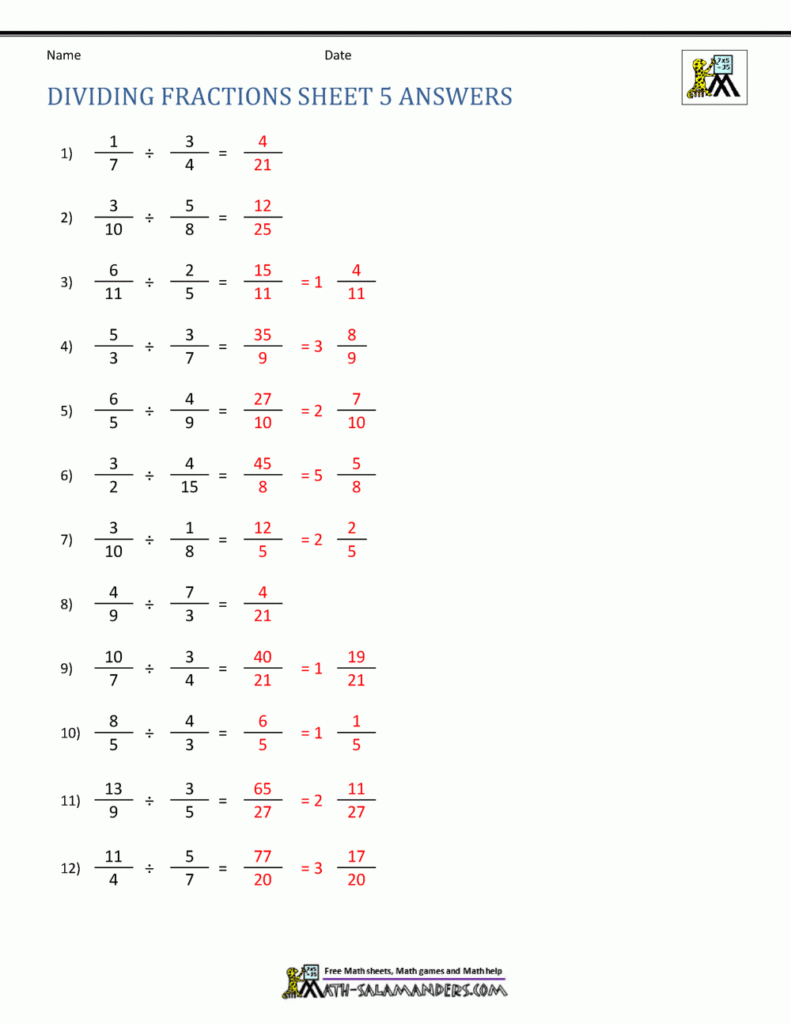 Dividing Fractions Worksheet