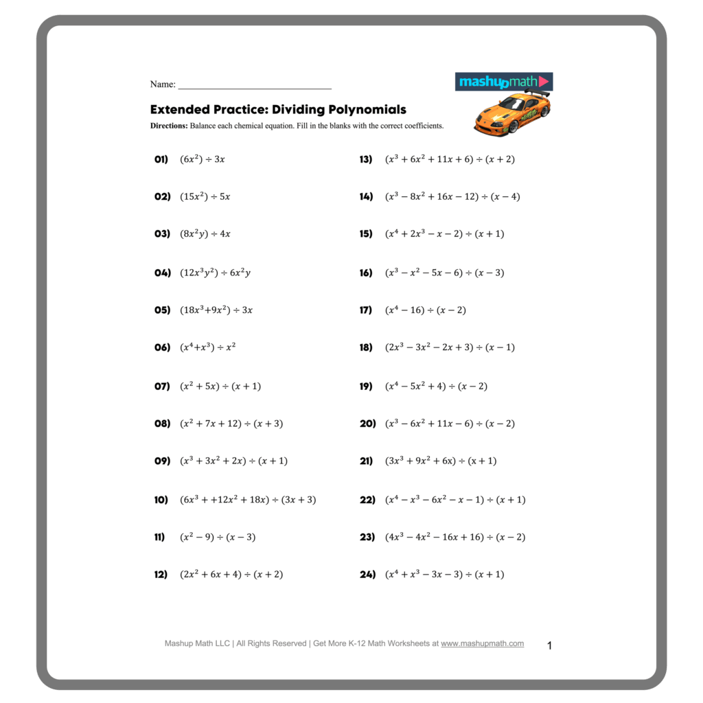 Dividing Polynomials Worksheets With Answers Mashup Math