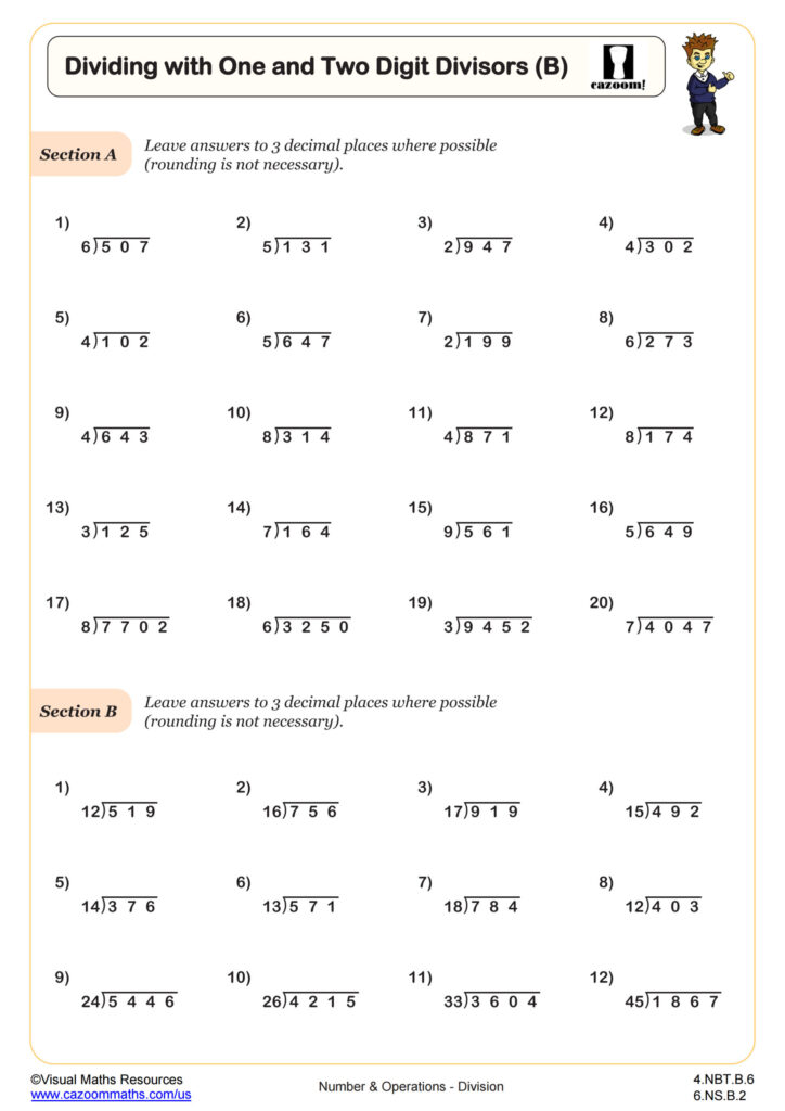 Dividing With One And Two Digit Divisors B Worksheet 4th Grade PDF Worksheets Cazoom Math