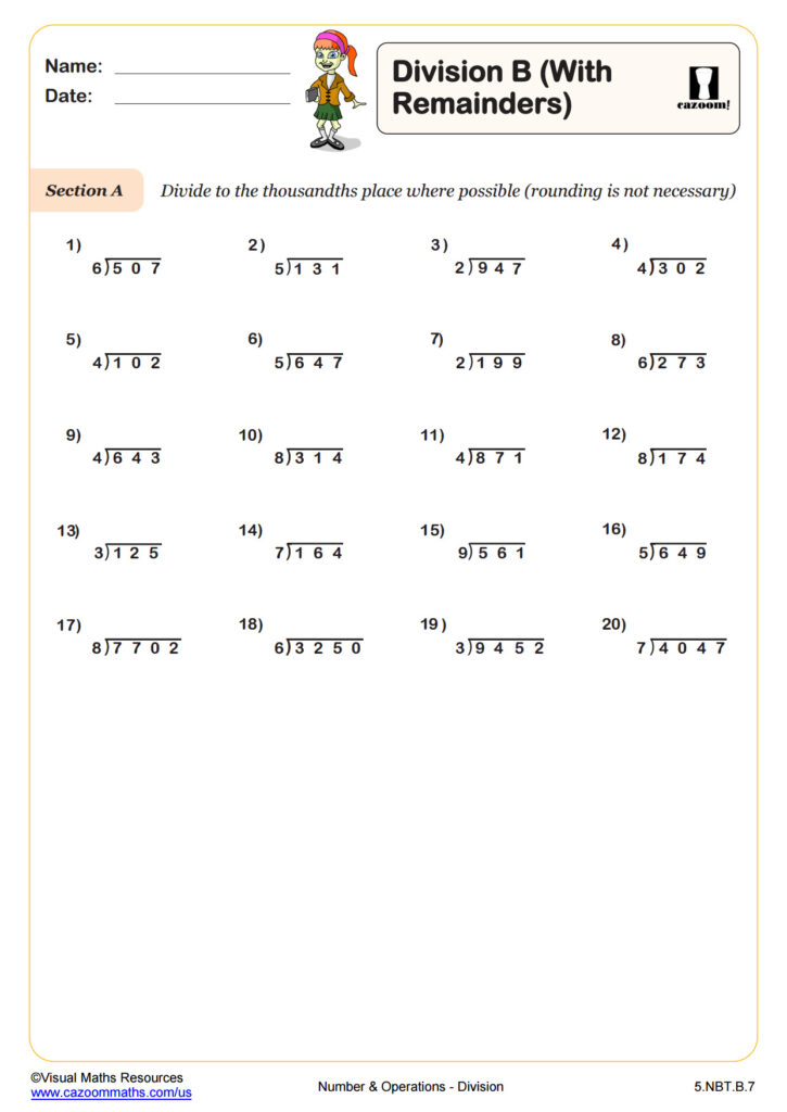 Division B With Remainders 5th Grade PDF Number And Operations Worksheets Cazoom Math