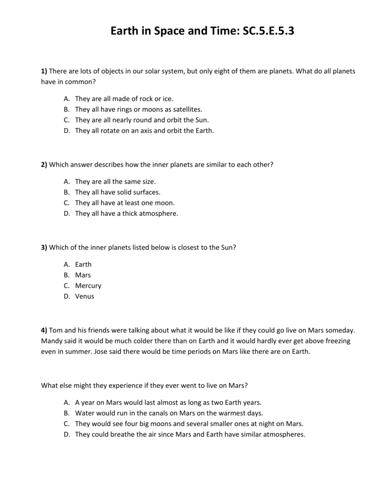Earth In Space Worksheet SC 5 E 5 3