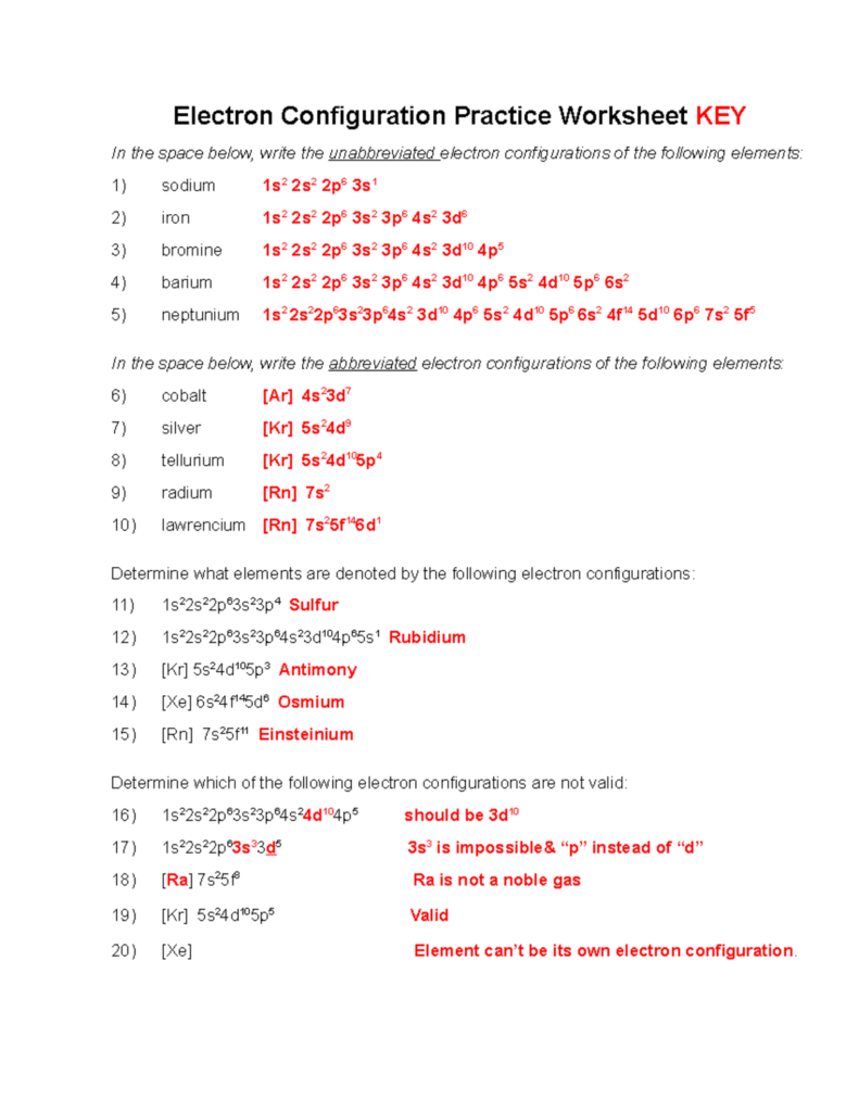 Electron Configuration Practice WS KEY Answers Validations Studocu