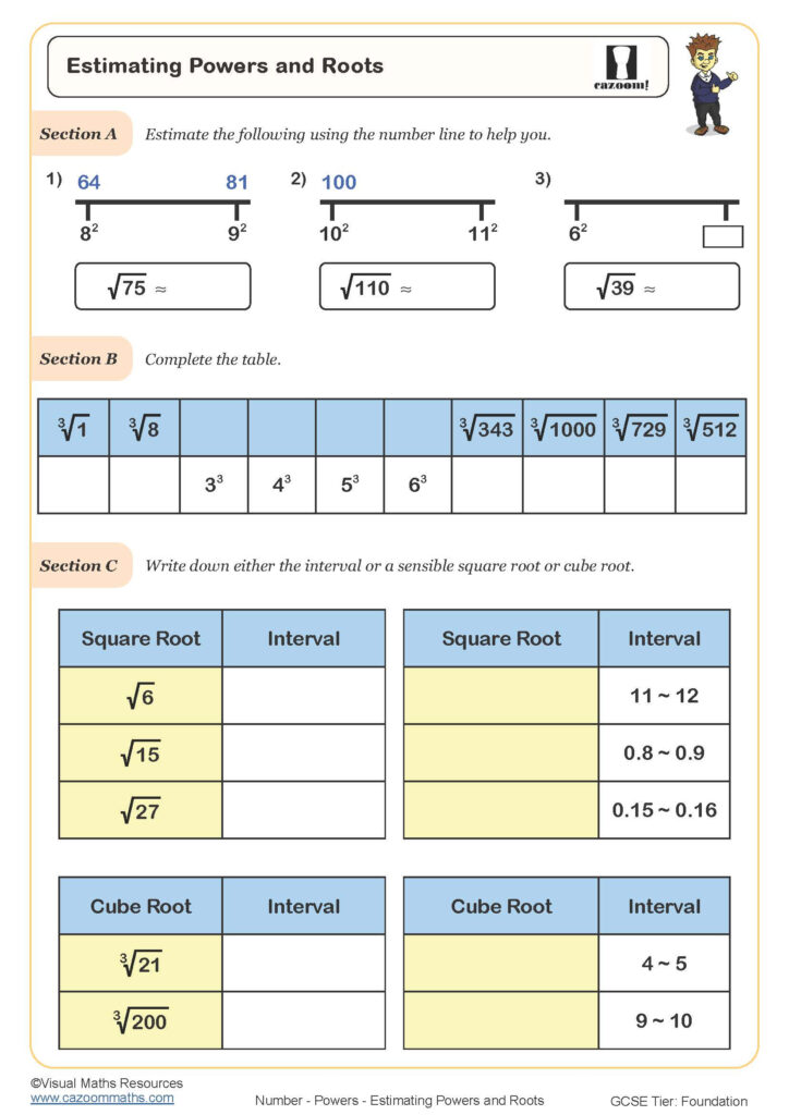 Estimating Powers And Roots Worksheet Cazoom Maths Worksheets