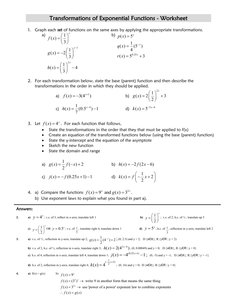 Exponential Function Transformations Worksheet