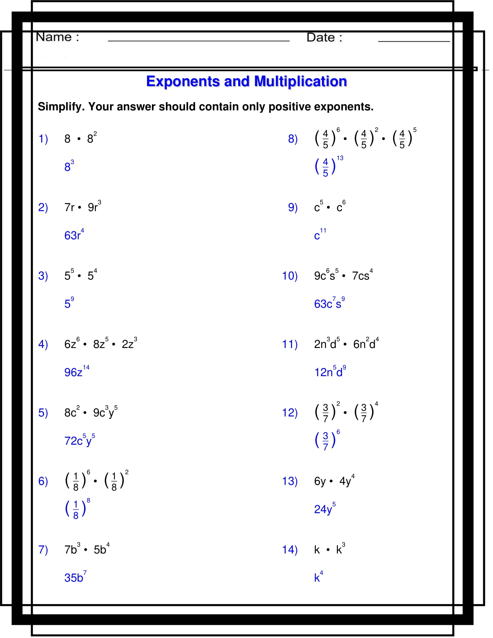 Exponents With Multiplication Algebra 1 Exponents Worksheets Made By Teachers