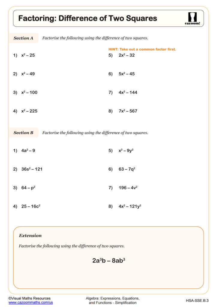 Factoring Difference Of Two Squares Worksheet Algebra I PDF Worksheets Cazoom Math
