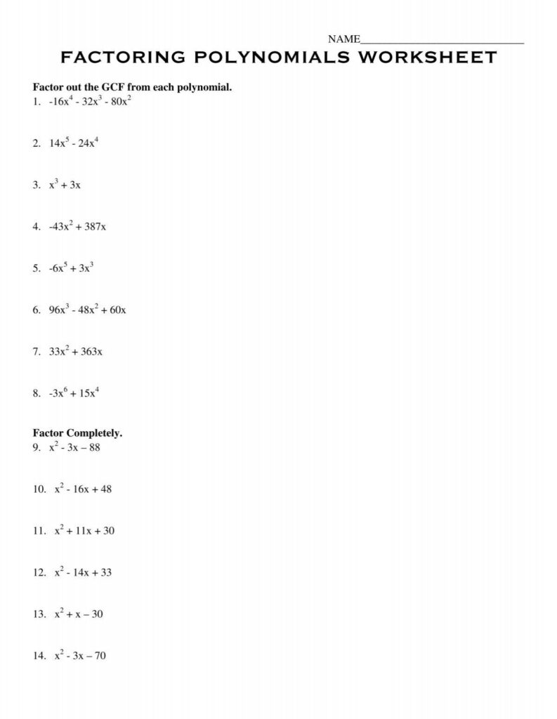 FACTORING POLYNOMIALS WORKSHEET