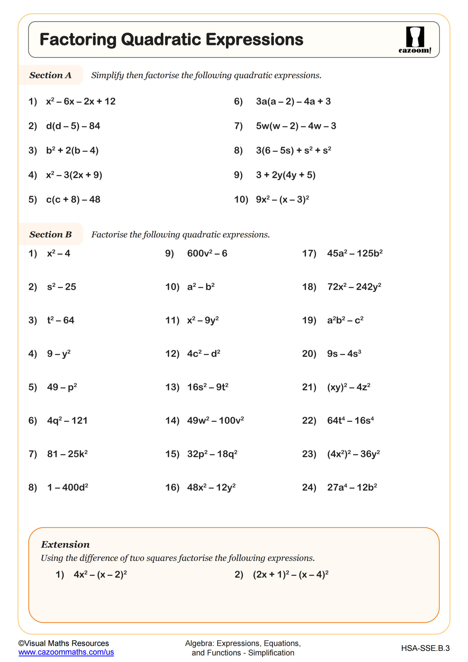 Factoring Quadratic Expressions Worksheet Fun And Engaging Algebra I PDF Worksheets Cazoom Math