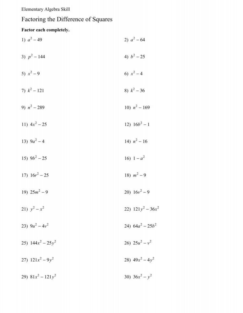 Factoring The Difference Of Squares Worksheet