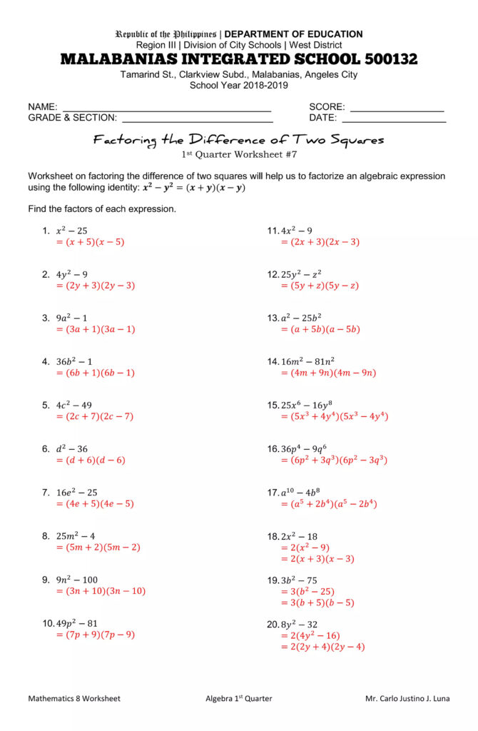 Factoring The Difference Of Two Squares Worksheet PDF Factoring The Difference Of Two Squares Worksheet PDF