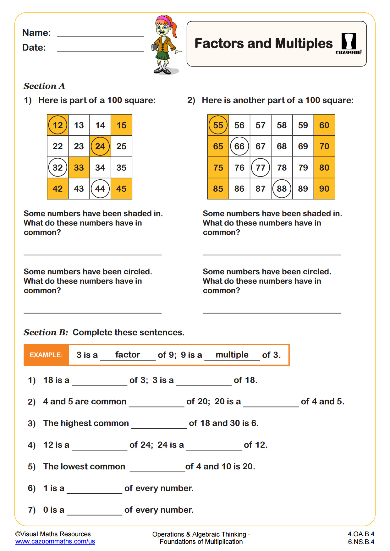 Factors And Multiples Worksheet PDF Printable Operations And Algebraic Thinking Worksheets Cazoom Math