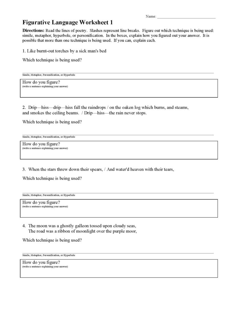 Figurative Language Worksheet 1 Reading Activity