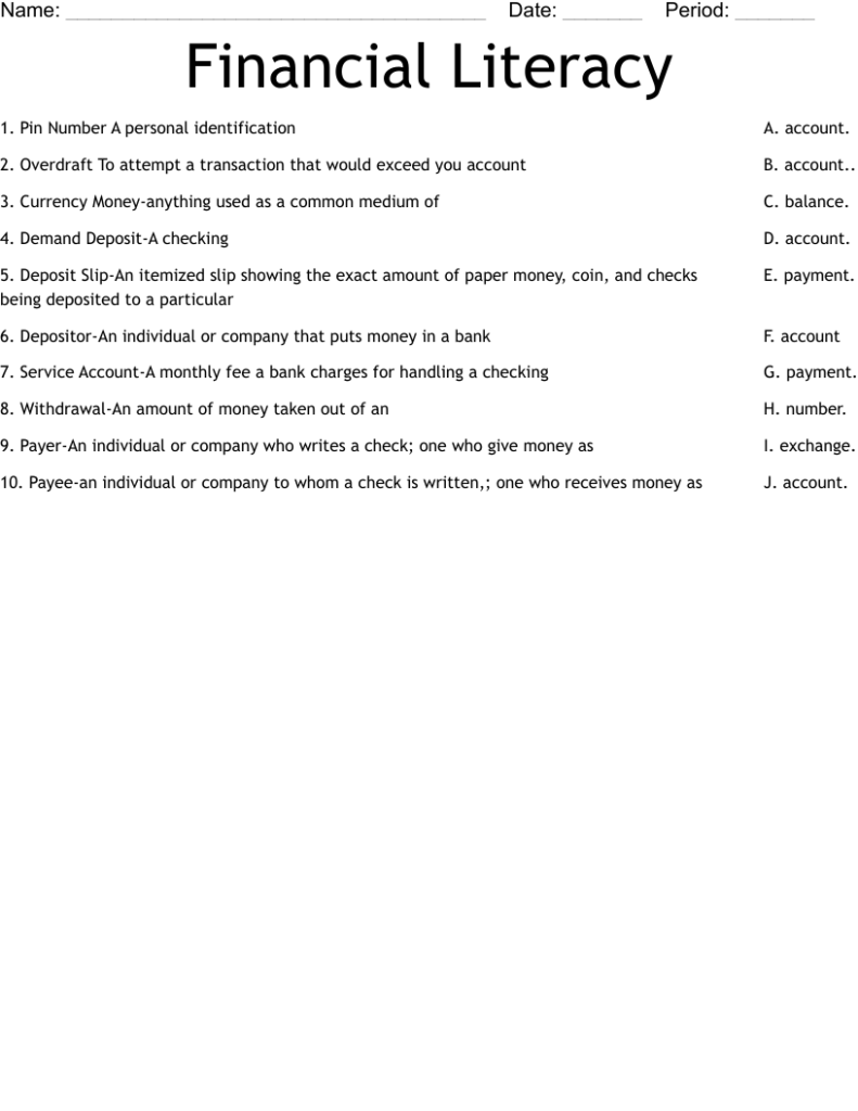 Financial Literacy Worksheet WordMint Financial Literacy Worksheet WordMint