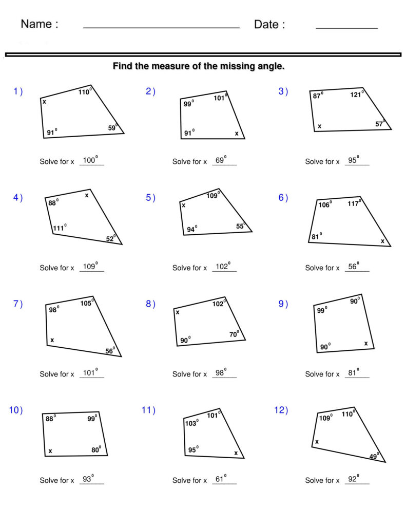 Find The Measure Of The Missing Angle Quadrilaterals And Polygons Worksheets Made By Teachers