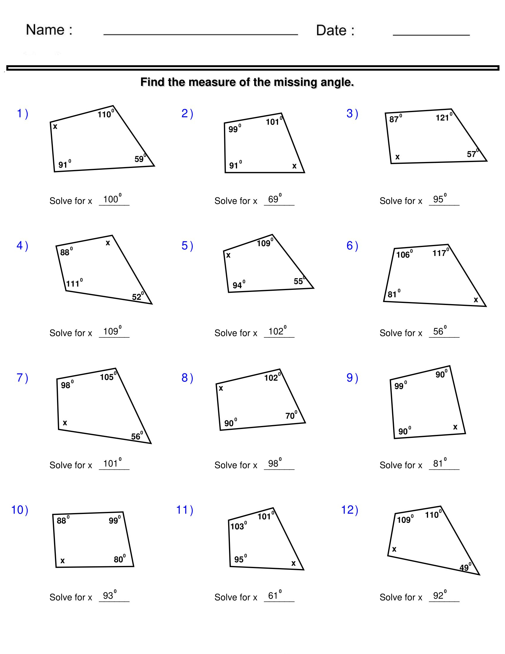 Find The Measure Of The Missing Angle Quadrilaterals And Polygons Worksheets Made By Teachers