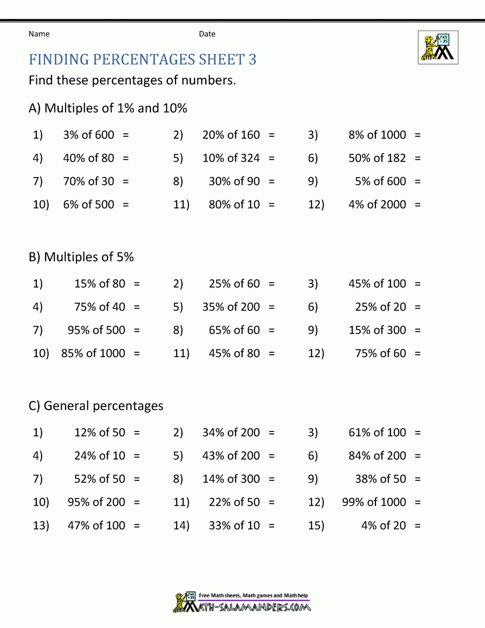 Finding Percentage Worksheets