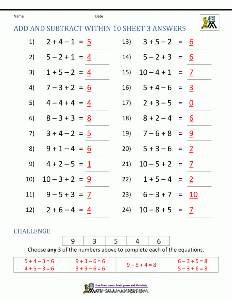 First Grade Addition And Subtraction Facts To 12