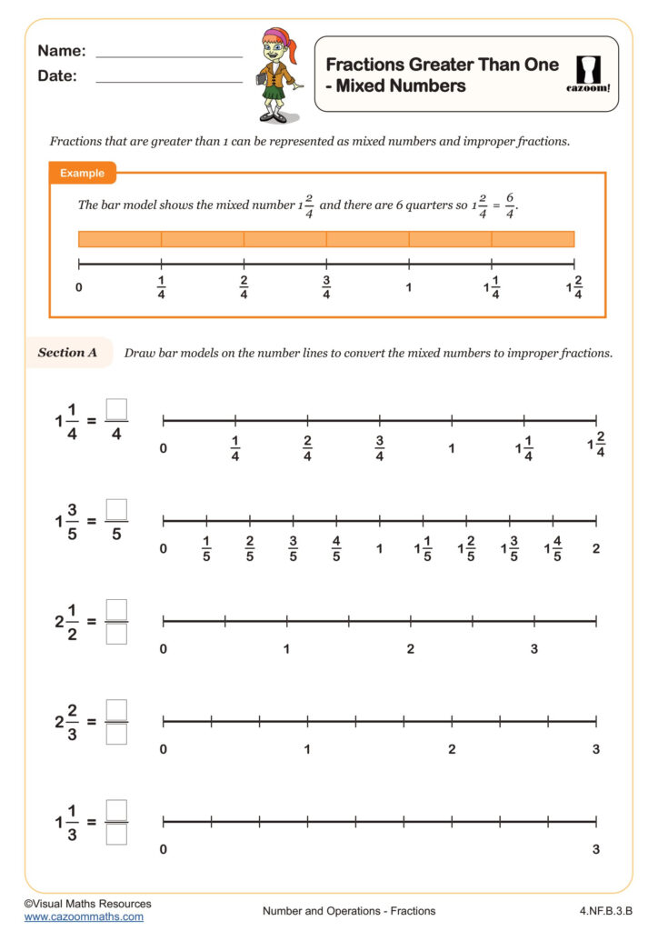 Fractions Greater Than One Mixed Numbers And Improper Fractions Worksheet Printable PDF 4th Grade Number Operations Worksheet Cazoom Math