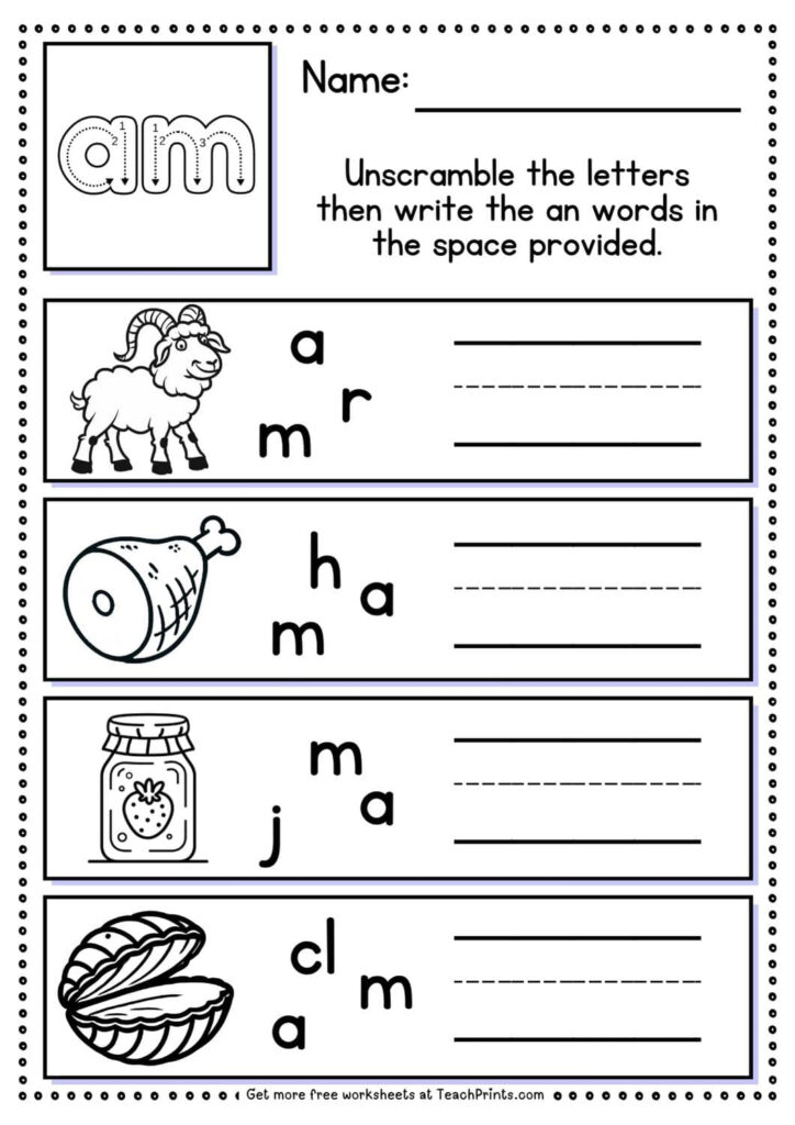 Free am Word Family Worksheets Teach Prints