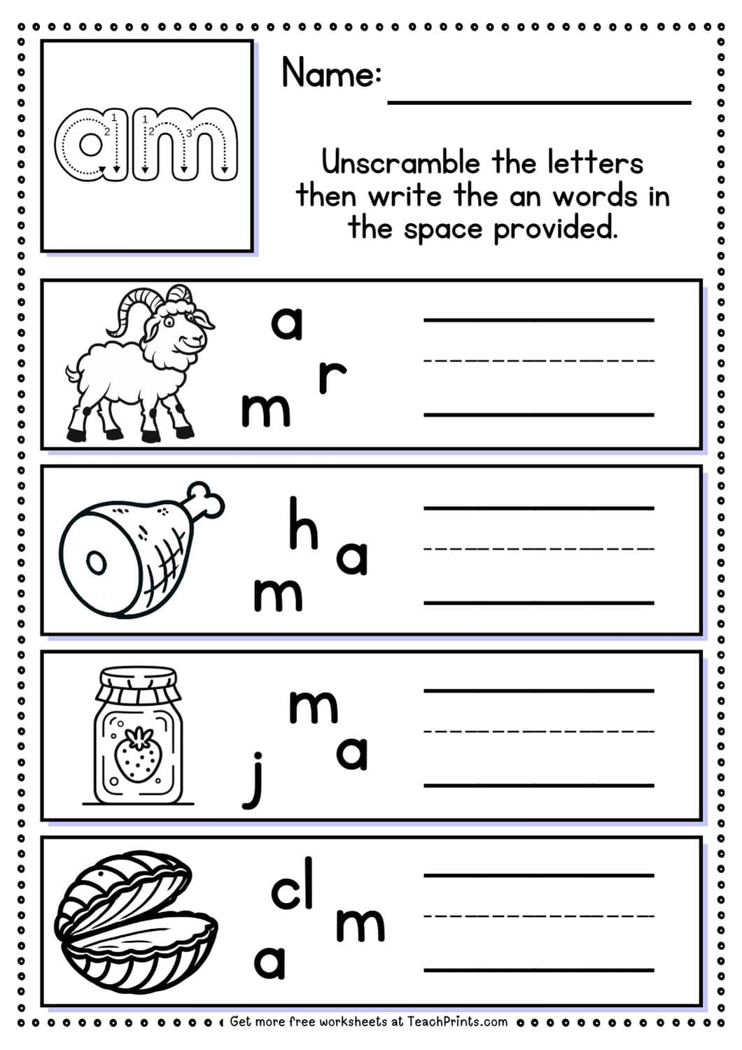 Free am Word Family Worksheets Teach Prints