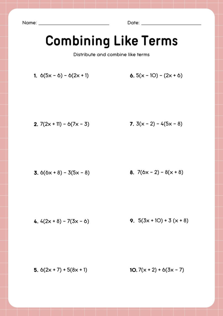 Free Custom Combining Like Terms Worksheet Templates Canva