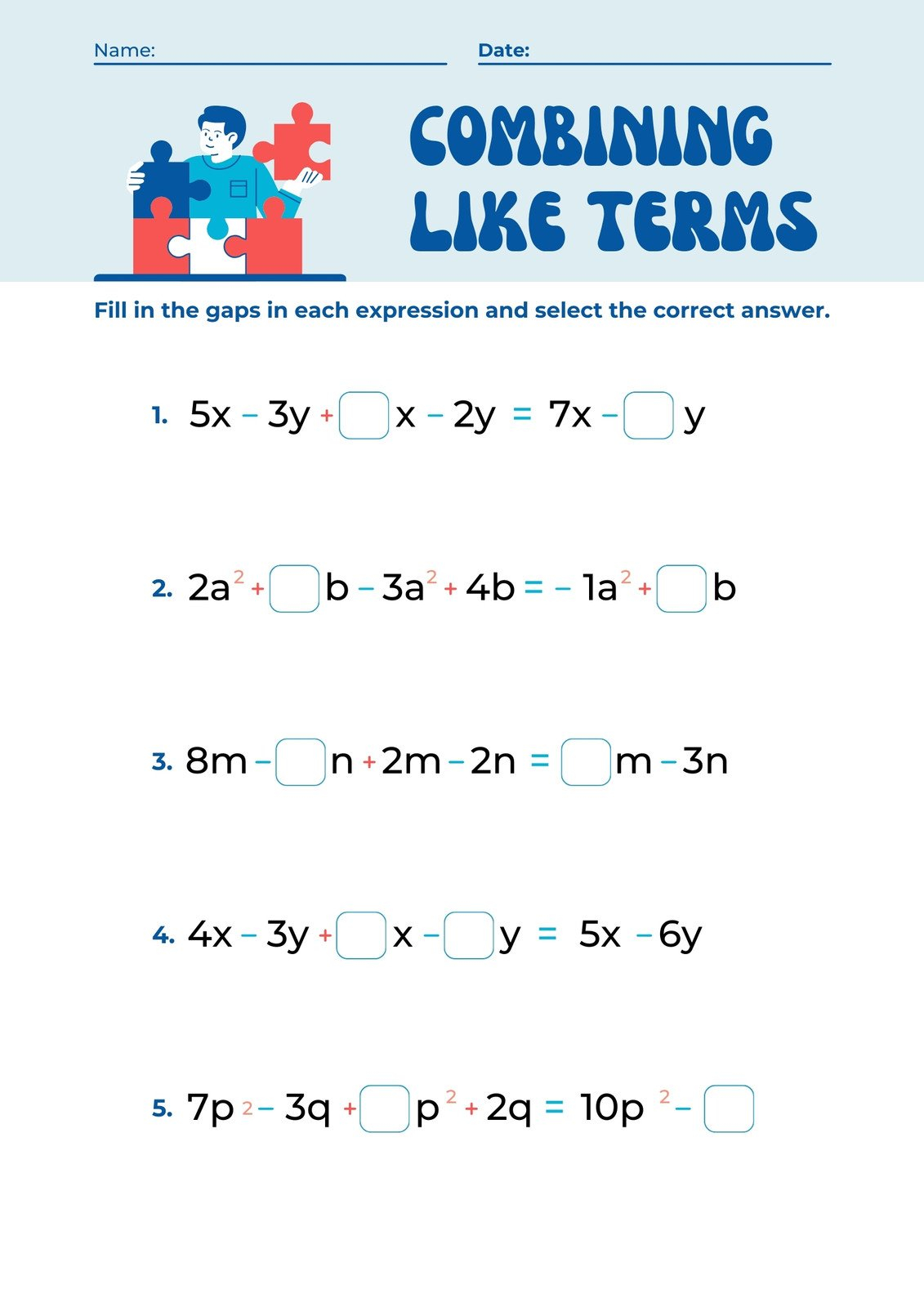 Free Custom Combining Like Terms Worksheet Templates Canva