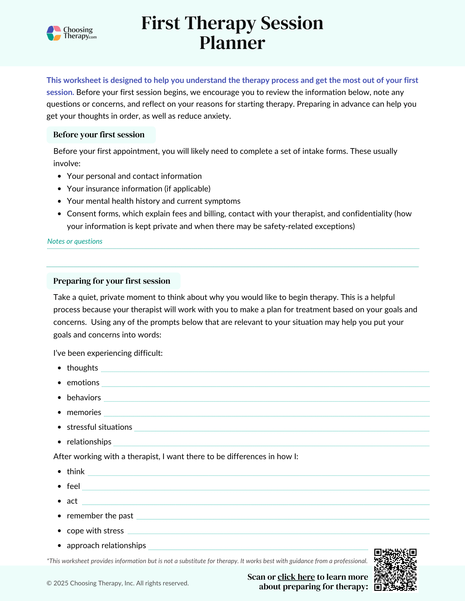 Free First Therapy Session Worksheet Printable PDF ChoosingTherapy