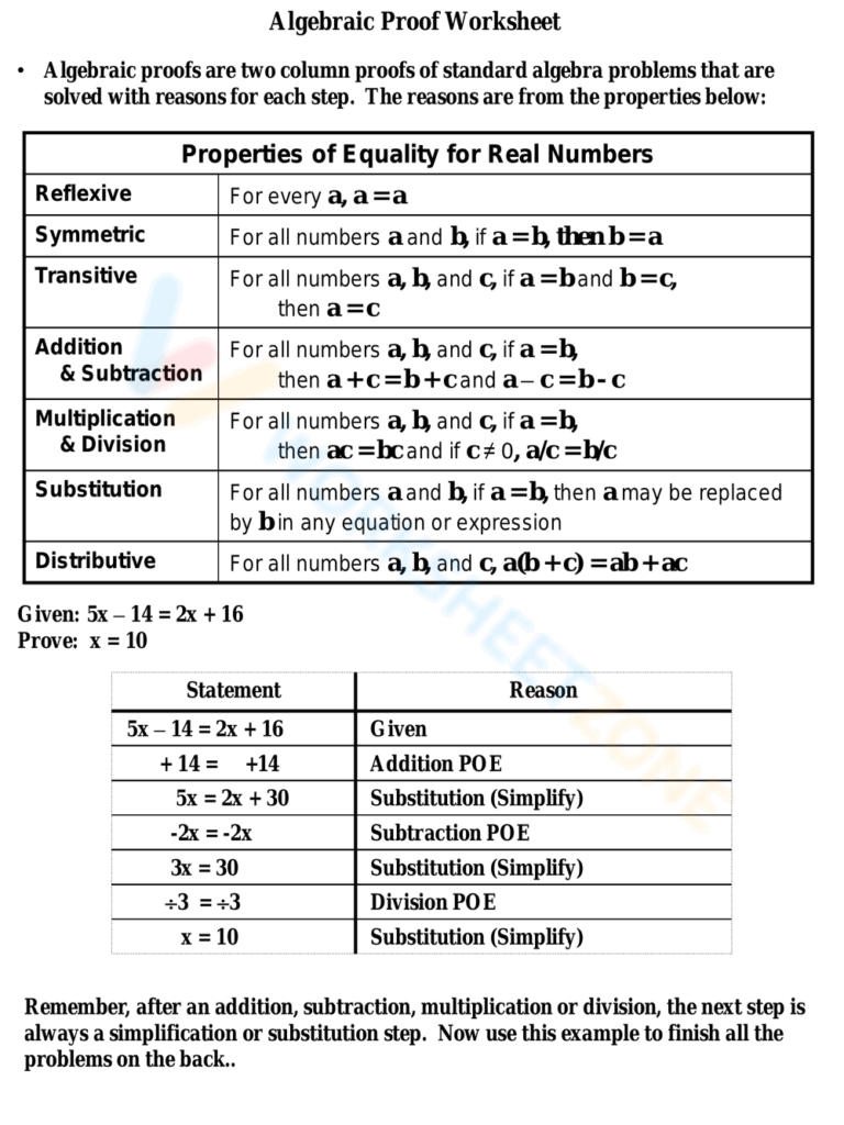 Free Printable Algebraic Proofs Worksheets For Students Worksheets Library