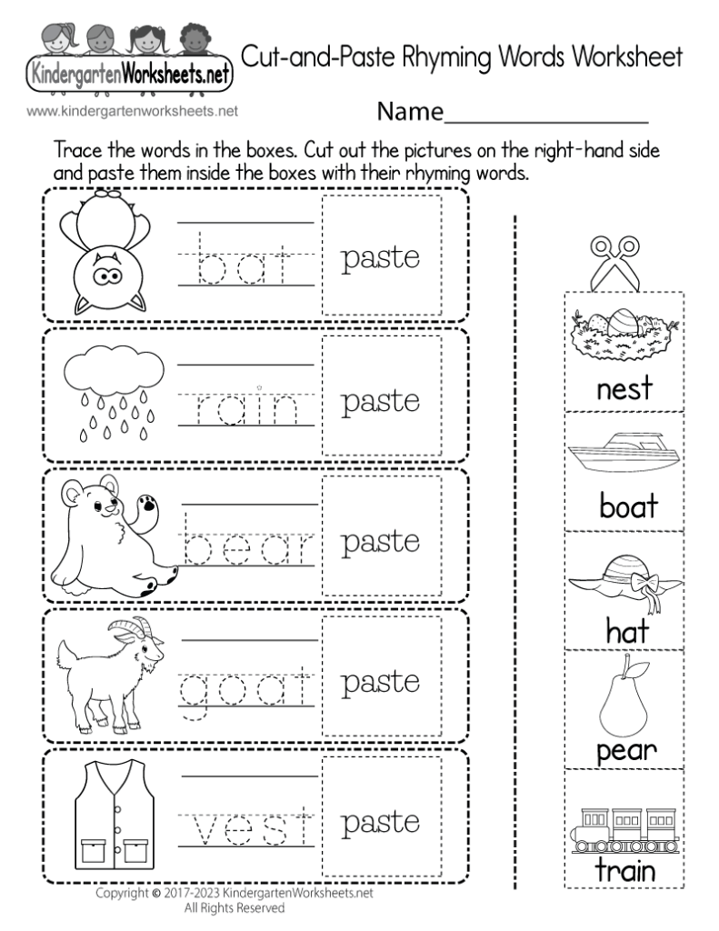 Free Printable Cut and Paste Rhyming Words Worksheet