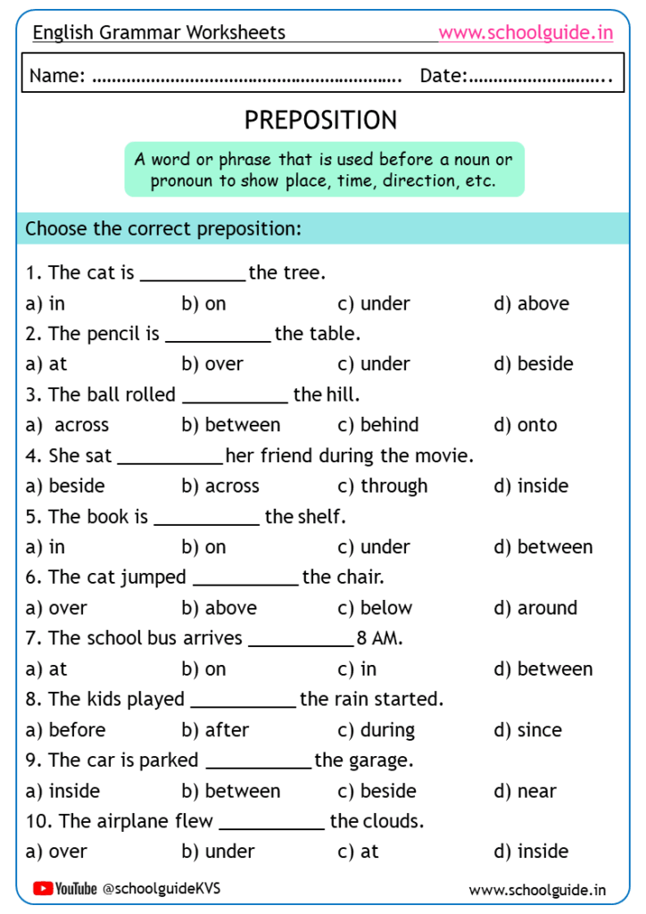Free Printable Prepositions Worksheets