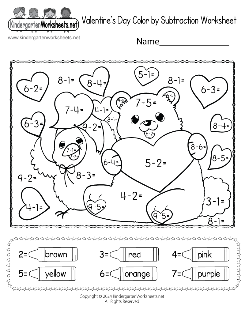 Free Printable Valentine s Day Color By Subtraction Worksheet