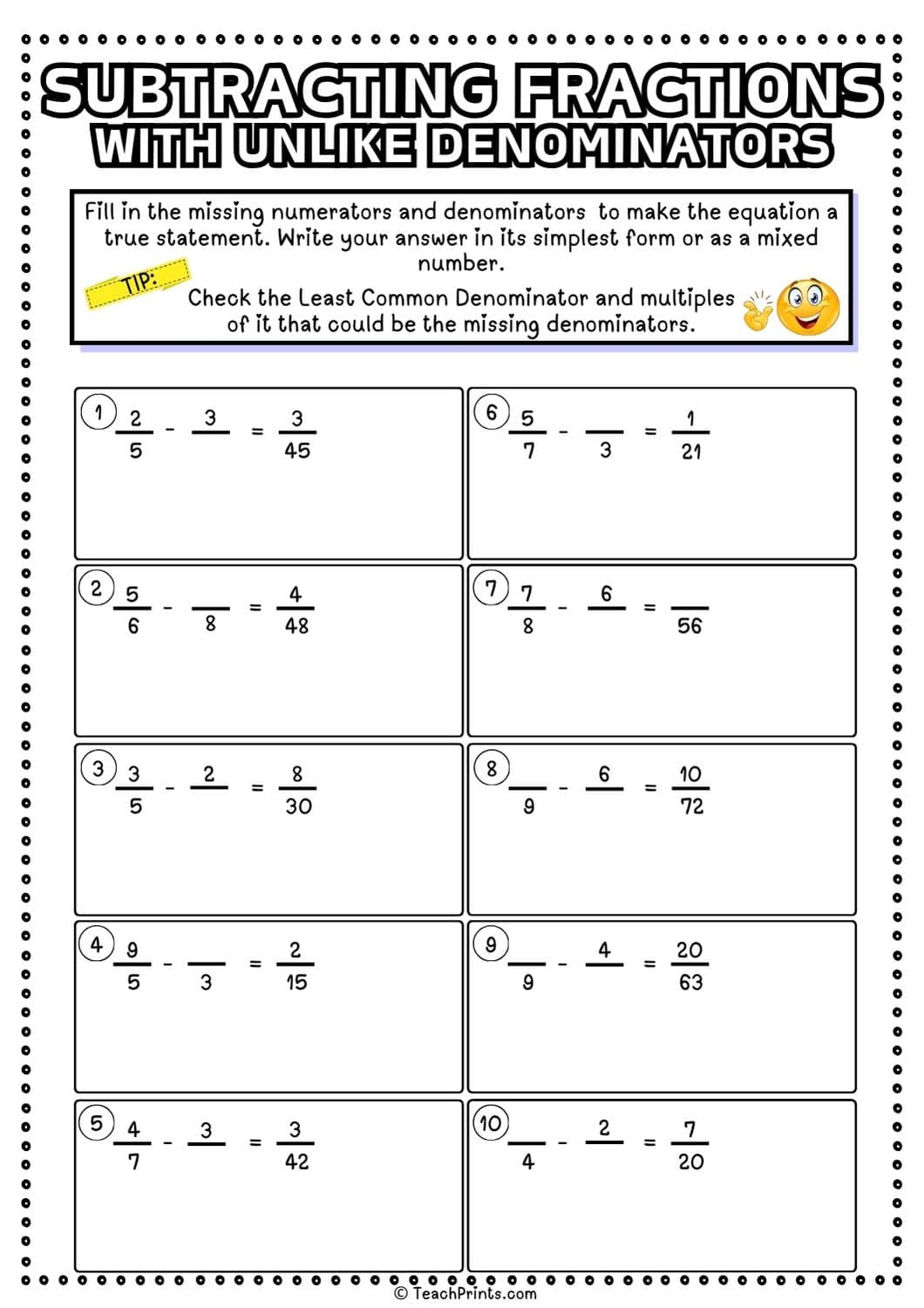 Free Subtracting Fractions With Unlike Denominators Worksheets Teach Prints
