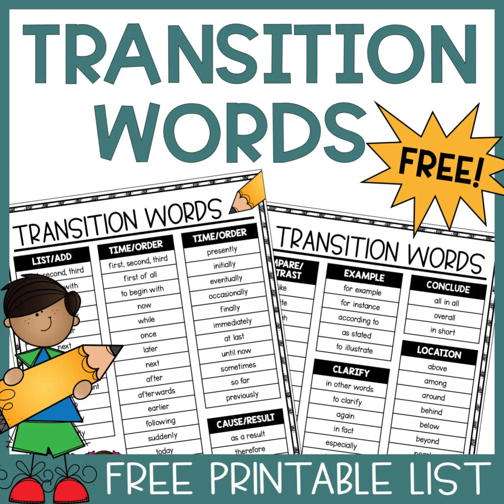 Free Transition Word List PDF For Elementary And Middle School Students Literacy In Focus