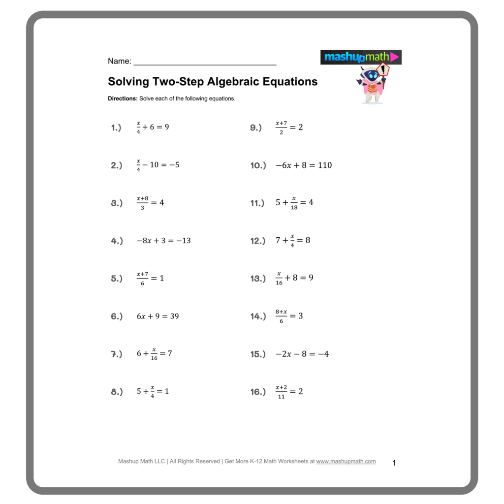Free Two Step Equations Worksheets Mashup Math