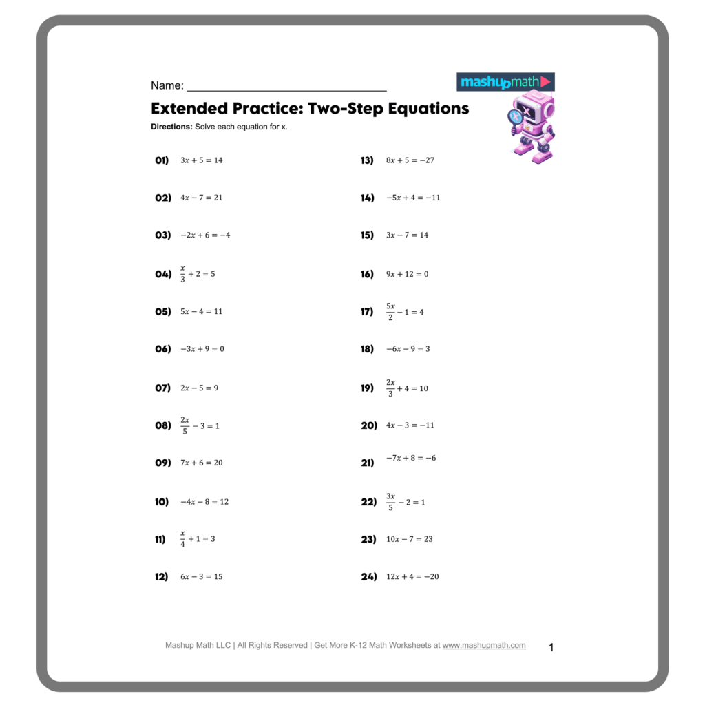 Free Two Step Equations Worksheets Mashup Math