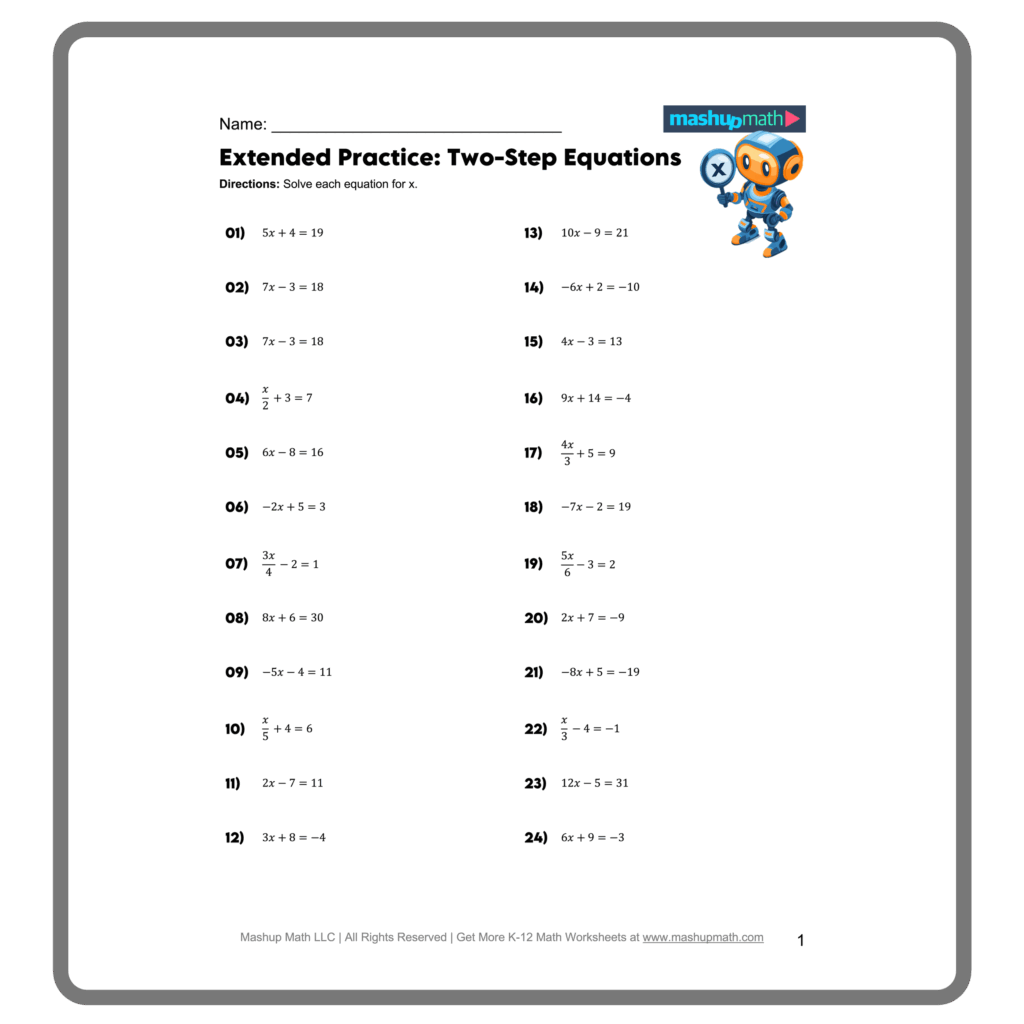Free Two Step Equations Worksheets Mashup Math
