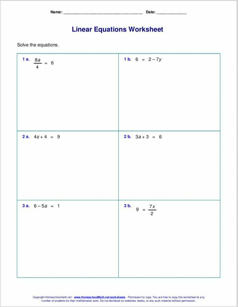 Free Worksheets For Linear Equations grades 6 9 Pre algebra Algebra 1 