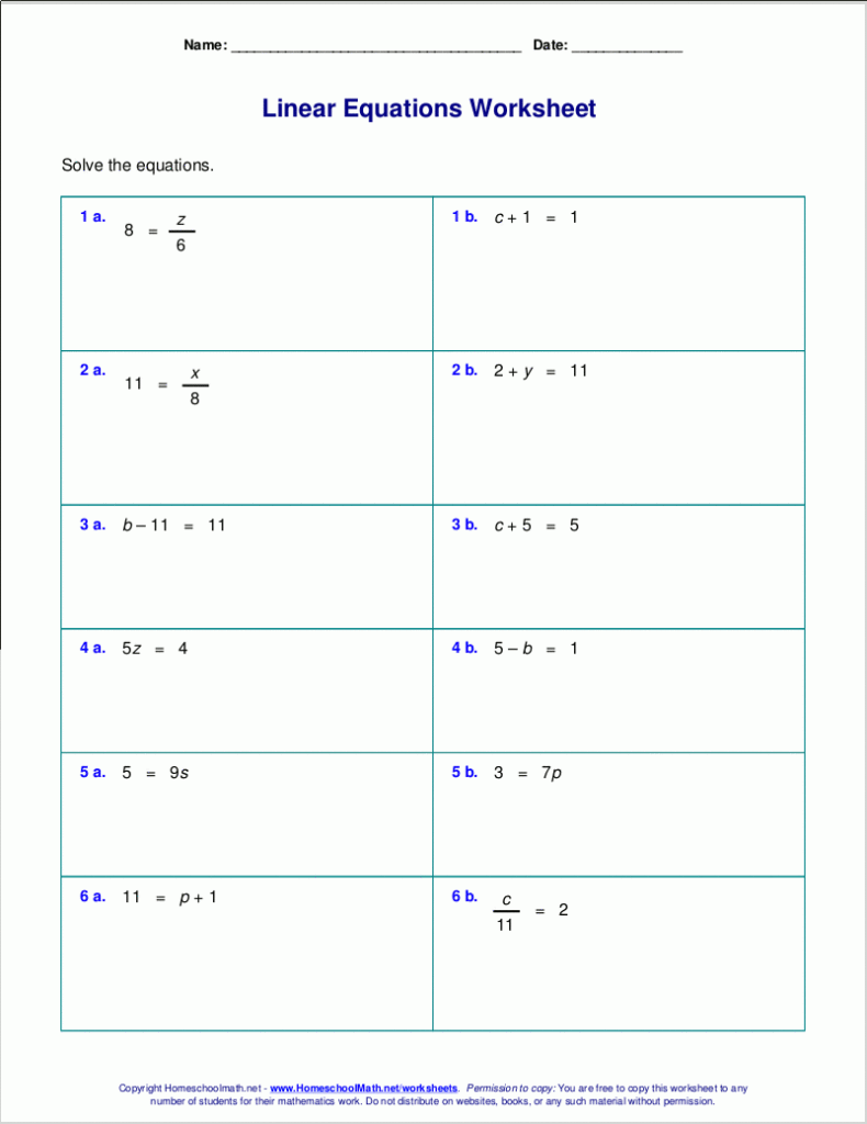 Free Worksheets For Linear Equations grades 6 9 Pre algebra Algebra 1 Free Worksheets For Linear Equations grades 6 9 Pre algebra Algebra 1