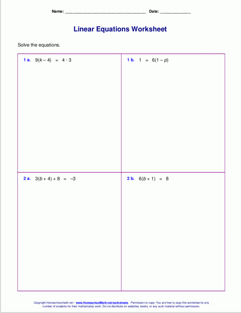 Free Worksheets For Linear Equations grades 6 9 Pre algebra Algebra 1 