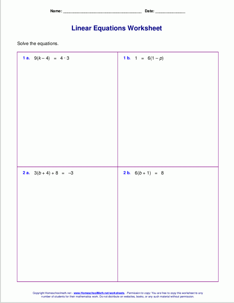 Free Worksheets For Linear Equations grades 6 9 Pre algebra Algebra 1