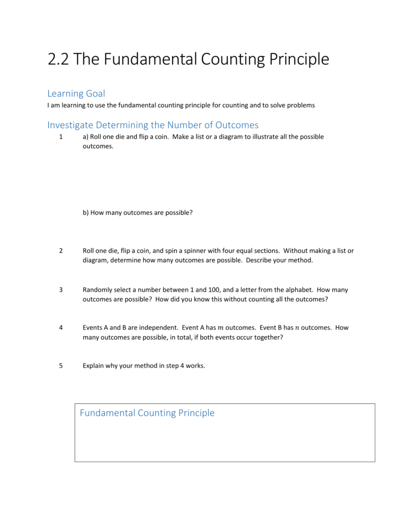 Fundamental Counting Principle Worksheet