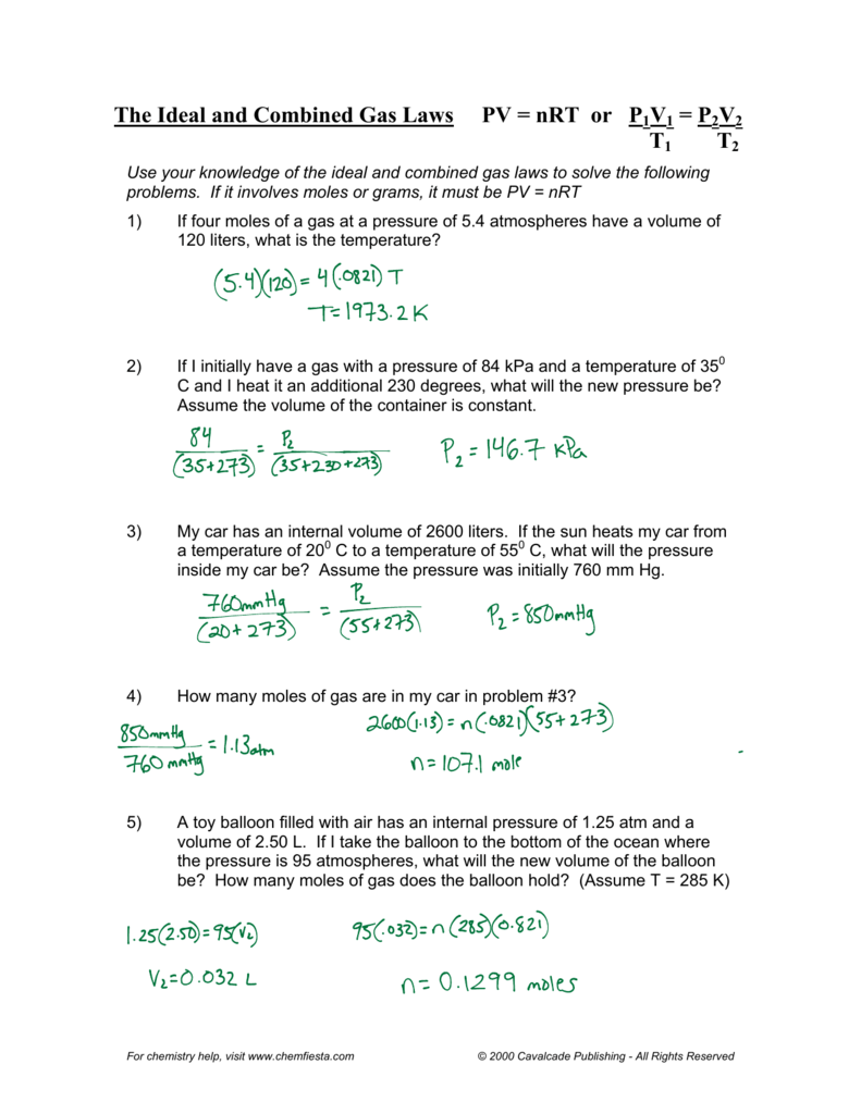 Gas Laws Worksheet Ideal Combined And Mixed Problems