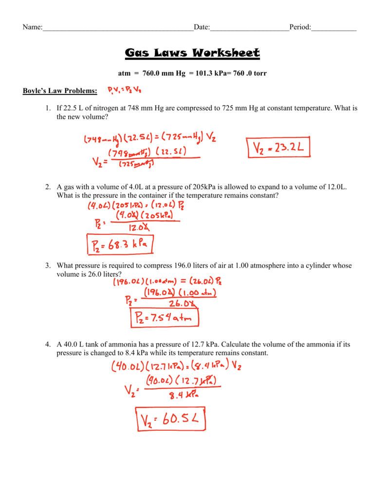 Gas Laws Worksheet Practice Problems Solutions