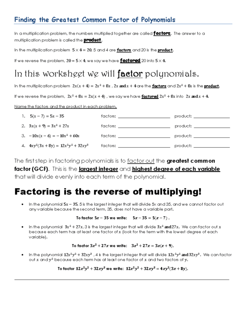 GCF Polynomials Factor Worksheet For Practice And Understanding Studocu